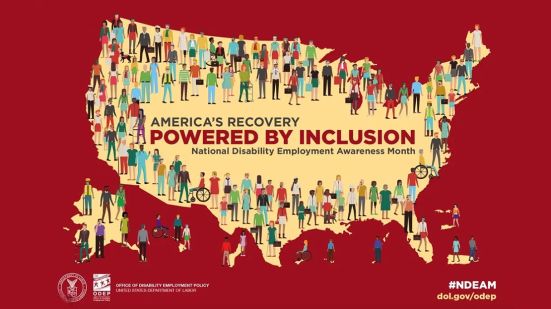 A National Disability Employment Awareness Month graphic showing people coming together around a map of the USA.